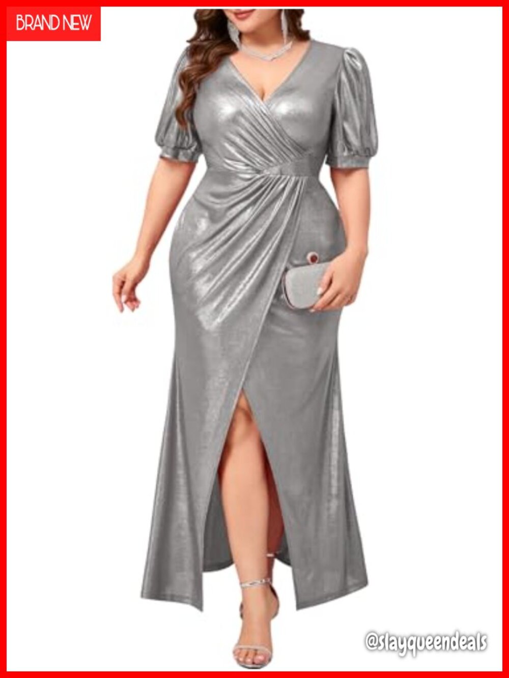 Plus Size Formal Maxi Dress Sparkly Puff Sleeve V-Neck High Slit Ruched A-Line